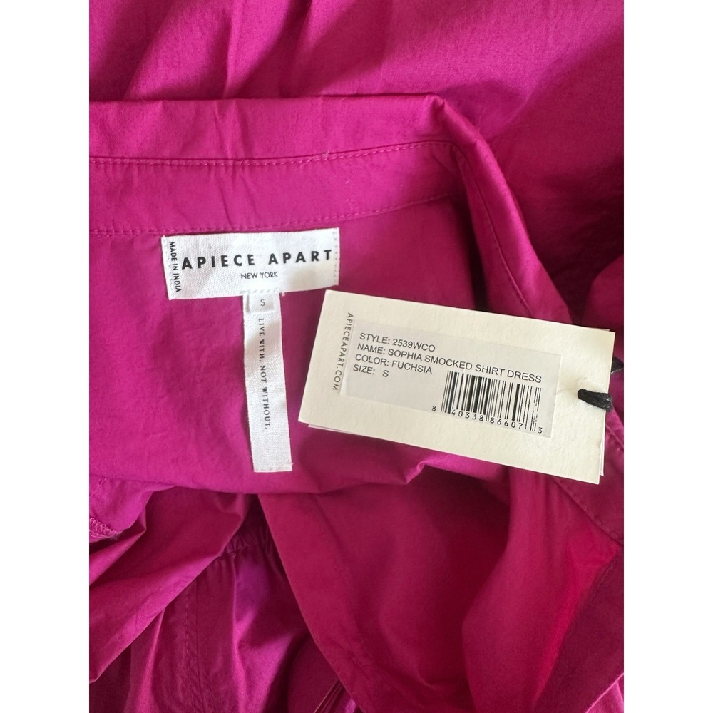 Apiece Apart Smocked Shirt Dress NWT Sz S Fuchsia Midi Cotton Poplin Collared - Picture 10 of 10